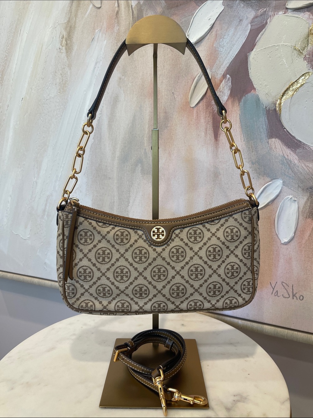 Tory Burch Beige Logo Jacquard Shoulder Bag with Gold Hardware Accent